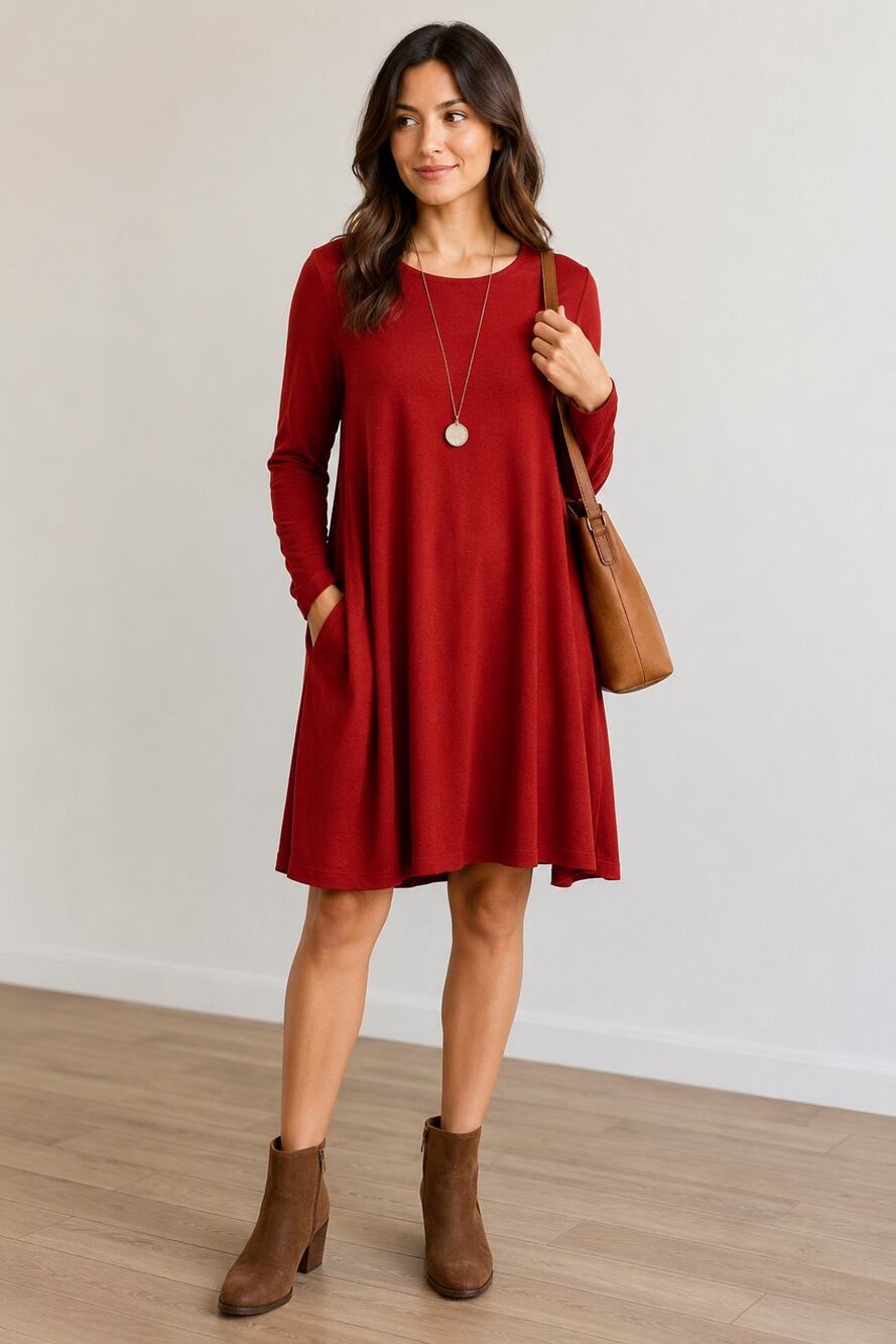Wool& Merino Wool Swing Dress Red Long Sleeve Pockets Women’s Size Medium